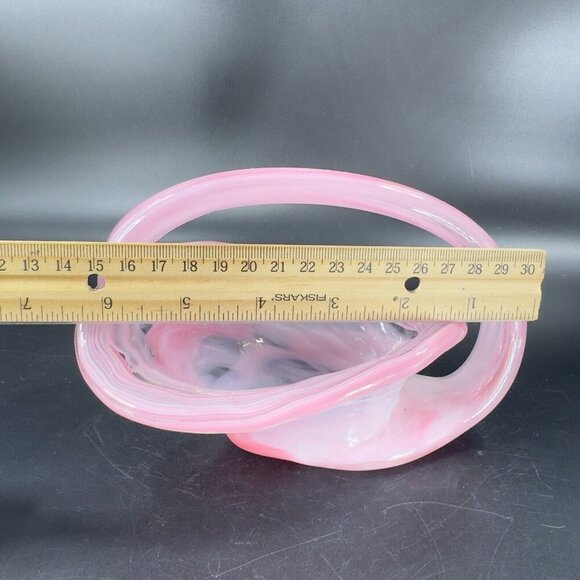 Vintage Sooner Glass Hand Made Pink Swirls Dish Bowl With Handle Basket Handmade - Picture 5 of 14